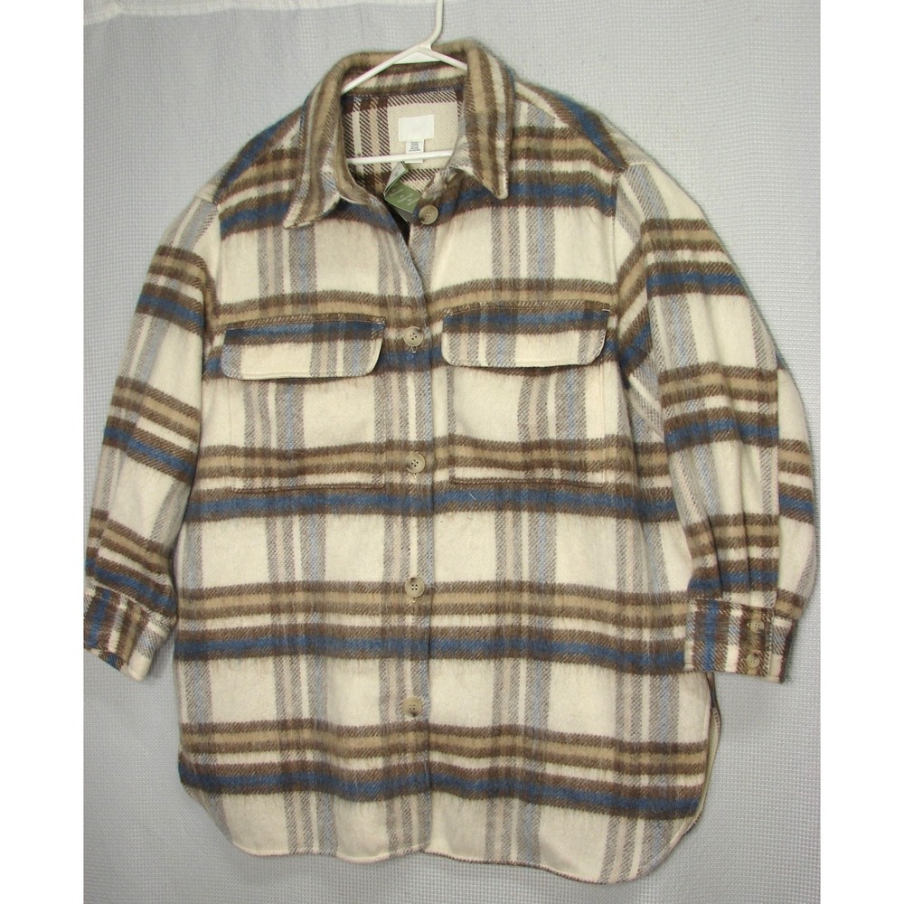 New H&M Sz 2XL Oversized Wool Blend Shirt Jacket Shacket Beige Blue Blogger Fav